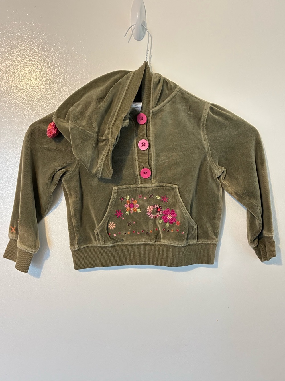 Gymboree Olive Green Velour Hoodie with Pink Buttons